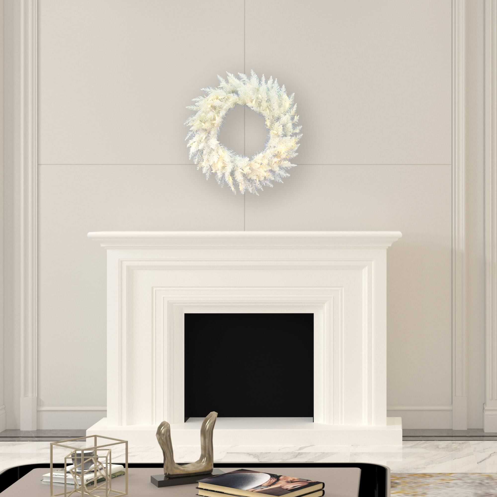 24" Pre-Lit Sparkle White Spruce Artificial Christmas Wreath, Warm White LED Lights